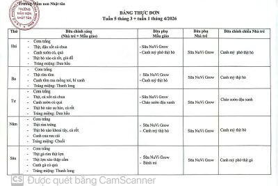 BẢNG THỰC ĐƠN TUẦN: TUẦN 5 THÁNG 3 + TUẦN 1 THÁNG 4/2026