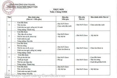 BẢNG THỰC ĐƠN TUẦN 2 – THÁNG 5/2026