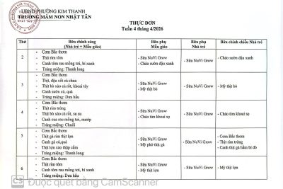 BẢNG THỰC ĐƠN TUẦN 4 – THÁNG 4/2026