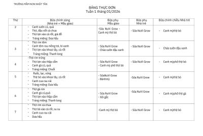 THỰC ĐƠN CHO TRẺ – TUẦN 1 THÁNG 01 NĂM 2026