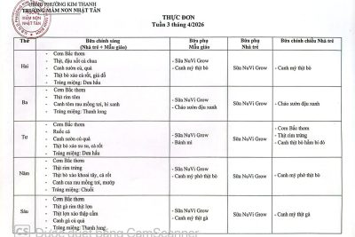 BẢNG THỰC ĐƠN TUẦN 3 THÁNG 4/2026
